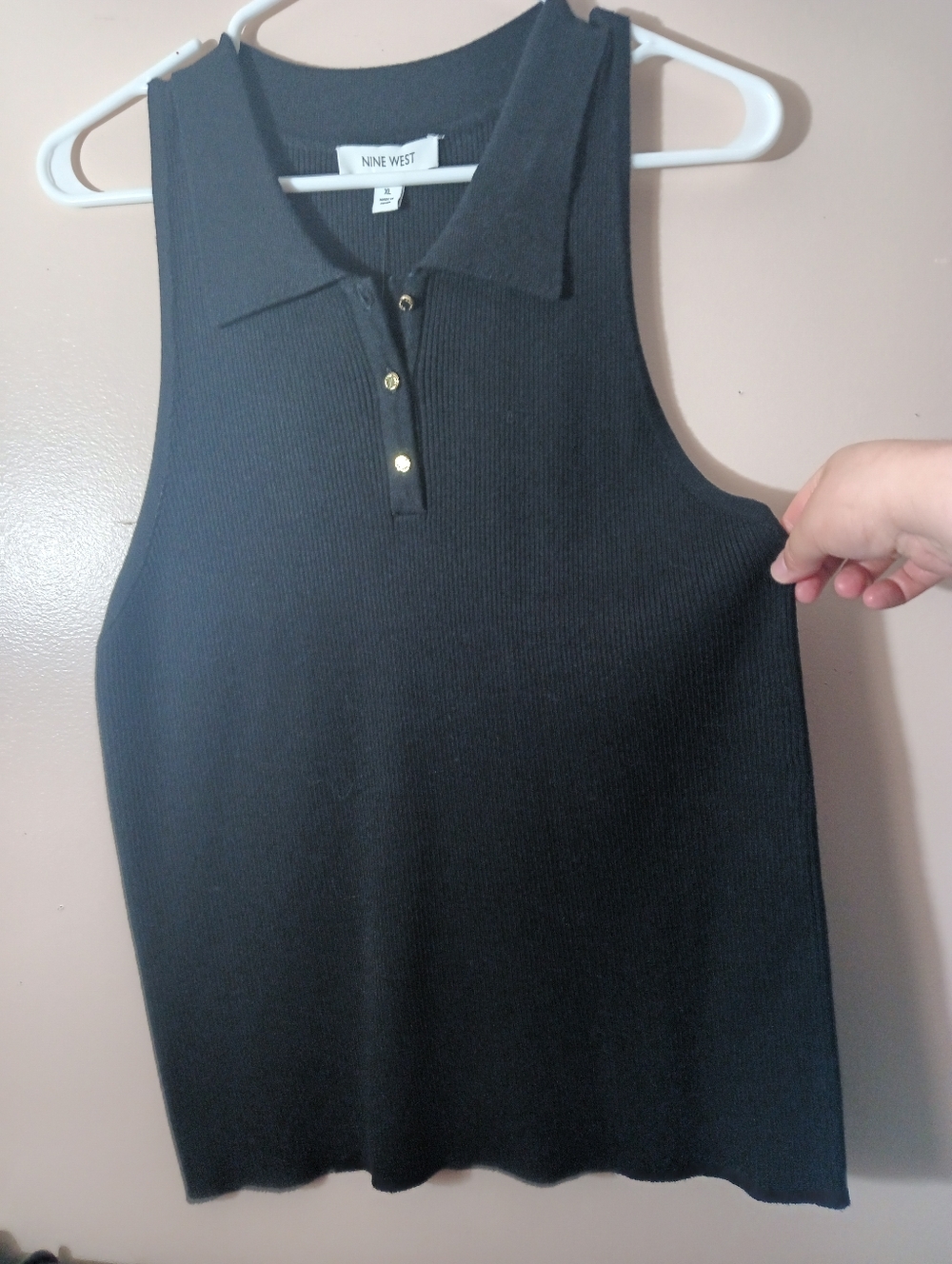 Nine West Black Ribbed Sleeveless Polo Top